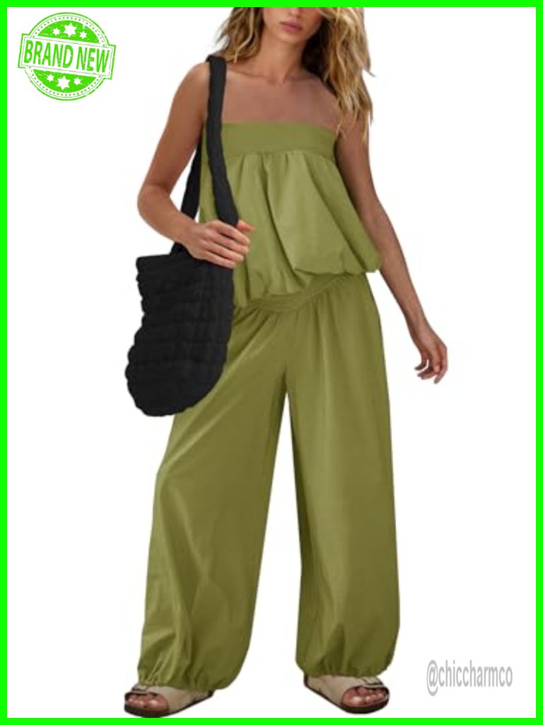 Off Shoulder Strapless Tube Top Wide Leg Pants Set Summer 2 Piece Outfit